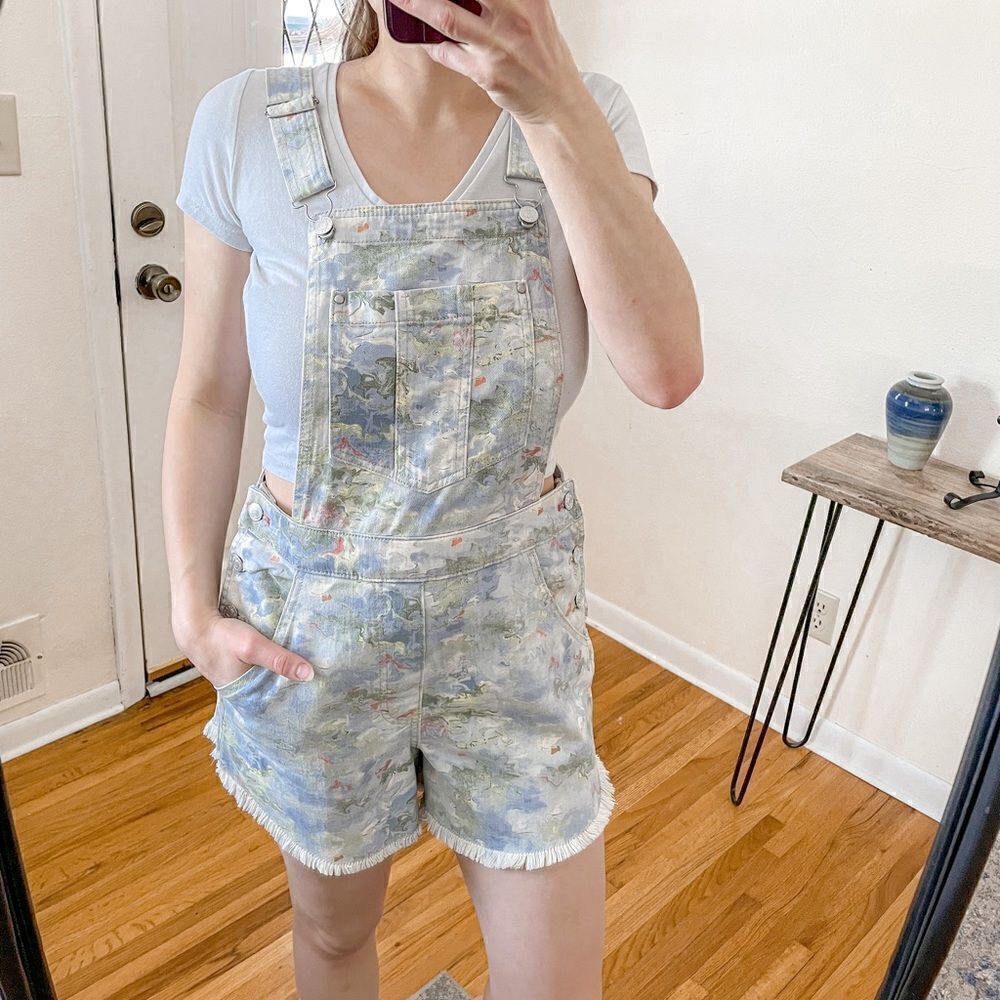 Anthropologie Pilcro Watercolor Floral Cut-Off Overalls